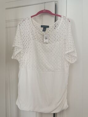 Ashley Stewart Off White Lace Mixed-Media Short Sleeve Top